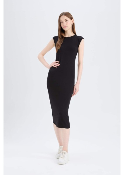 Bodycon Vücudu Saran Bisiklet Yaka Ribana Kısa Kollu Midi Elbise D5220AX25SP