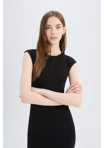 Bodycon Vücudu Saran Bisiklet Yaka Ribana Kısa Kollu Midi Elbise D5220AX25SP
