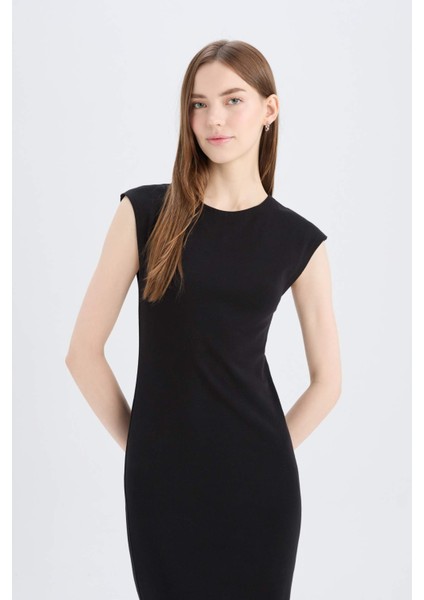 Bodycon Vücudu Saran Bisiklet Yaka Ribana Kısa Kollu Midi Elbise D5220AX25SP
