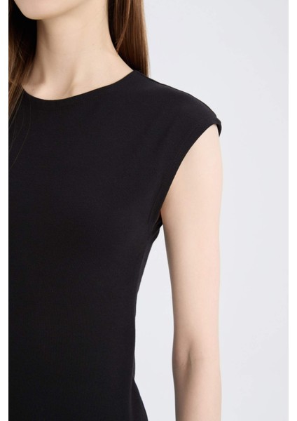 Bodycon Vücudu Saran Bisiklet Yaka Ribana Kısa Kollu Midi Elbise D5220AX25SP
