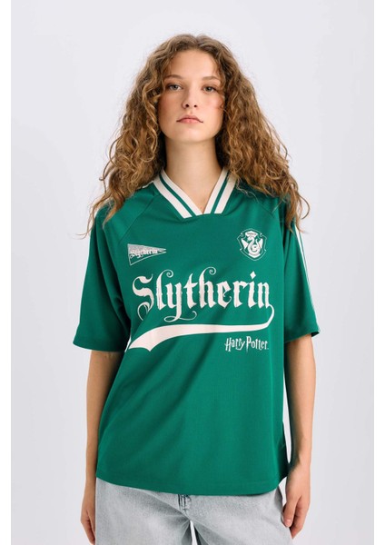 Harry Potter Oversize Geniş Kalıp V Yaka Baskılı Kısa Kollu Tişört D9151AX25SM