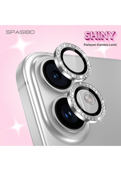 Shiny iPhone 16 Kamera Lens Camı Koruyucu Simli - Taşlı