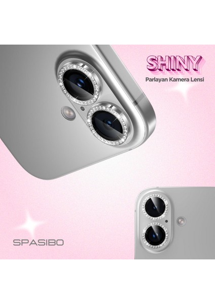 Shiny iPhone 16 Kamera Lens Camı Koruyucu Simli - Taşlı