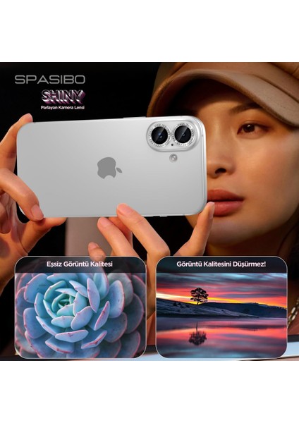 Shiny iPhone 16 Kamera Lens Camı Koruyucu Simli - Taşlı
