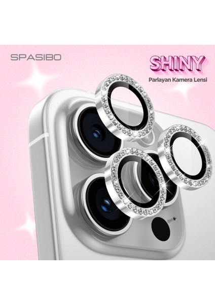 Shiny iPhone 16 Pro Max Kamera Lens Camı Koruyucu Simli - Taşlı