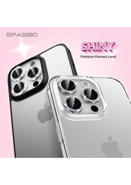 Shiny iPhone 16 Pro Max Kamera Lens Camı Koruyucu Simli - Taşlı