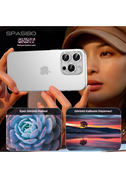Shiny iPhone 16 Pro Max Kamera Lens Camı Koruyucu Simli - Taşlı