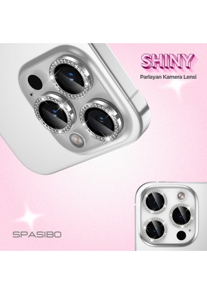 Shiny iPhone 16 Pro Max Kamera Lens Camı Koruyucu Simli - Taşlı