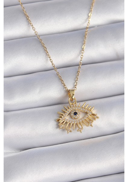 316L Çelik Gold Renk Zirkon Taşlı Göz Model Kadın Kolye - TJ-BKO9435