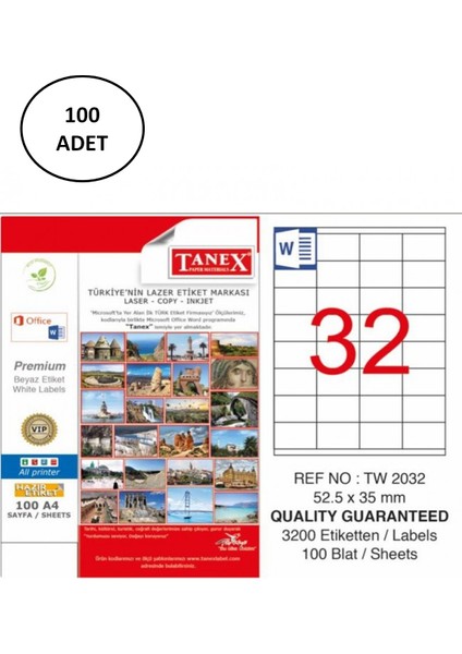 TW-2032 52.5X35MM Laser Etiket 100 Lü