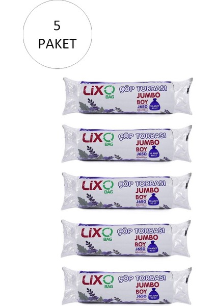 J-650 Jumbo Boy Çöp Torbası 80 x 110 cm 10 Lu Rulo x 5 Paket = 50 Adet (Siyah)
