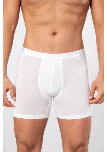 Beyaz Micro Modal Premium Erkek Uzun Boxer