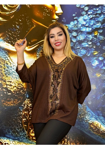 Abiye Bluz Kimono Kol V Yaka Taşli Işlemeli Örme Kumaş Yüksek Kalite Kahverengi