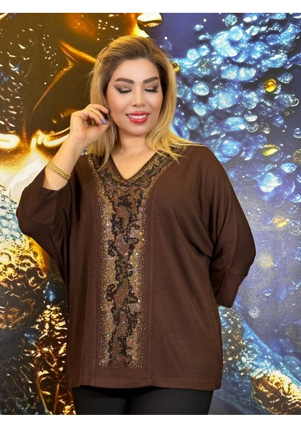 Abiye Bluz Kimono Kol V Yaka Taşli Işlemeli Örme Kumaş Yüksek Kalite Kahverengi