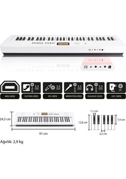 JTK-3600 61 Tuş Hassasiyetli 5 Oktav Org - Beyaz