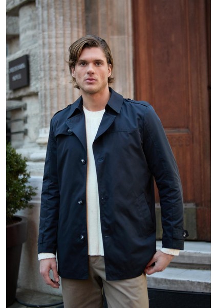 Erkek Fit Kalıp Lacivert Trençkot