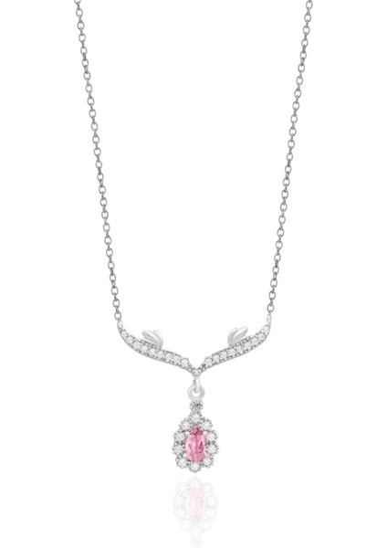 Pembe Zirkon Taşlı Sallantılı Damla Model Gümüş Kolye 925 Ayar ST021
