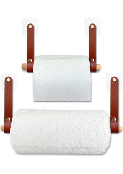 Yapışkanlı Ahşap & Deri Tuvalet Kağıtlığı | Banyo Kağıt Havluluk, Havlu Peçetelik | Wc Kağıtlık, Dolap Altı Kağıt Havlu Askısı (Kahve, 2' Li Set [kağıt Havluluk & Tuvalet Kağıtlığı])