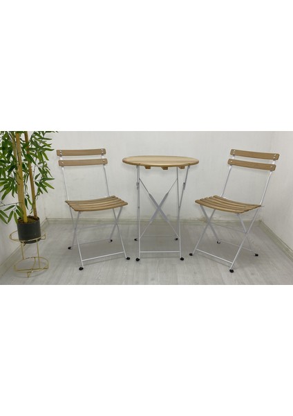 Katlanabilir Yuvarlak Masa ve Sandalye Metal Natural Ahşap Dolu Demirden(Bahçe-Otel-Cafe- fırsatları