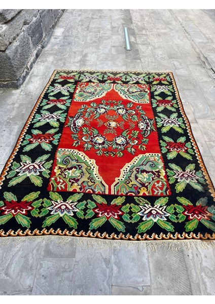 230X322 cm Türk Büyük Boy Halı, Harika Yeşil ve Kırmızı Renkli Çiçek Desenli Kilim, Büyük Salon ve Ofis Için El Dokuma Yün Halı