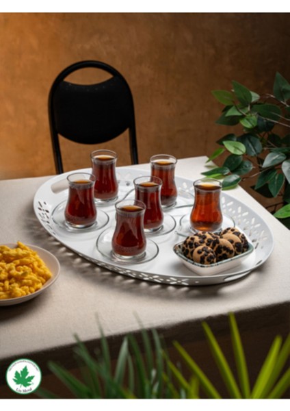 Lalin Tepsi Metal Oval Servis Tepsisi Beyaz, Romantik Tepsi, Büyük Tepsi,çay Kahve Tepsisi