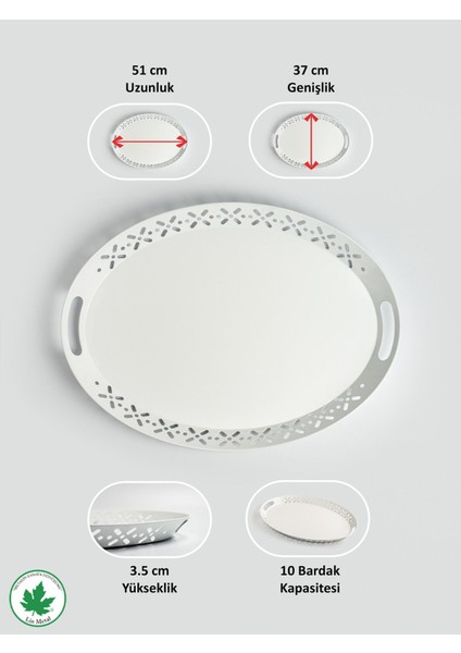 Lalin Tepsi Metal Oval Servis Tepsisi Beyaz, Romantik Tepsi, Büyük Tepsi,çay Kahve Tepsisi