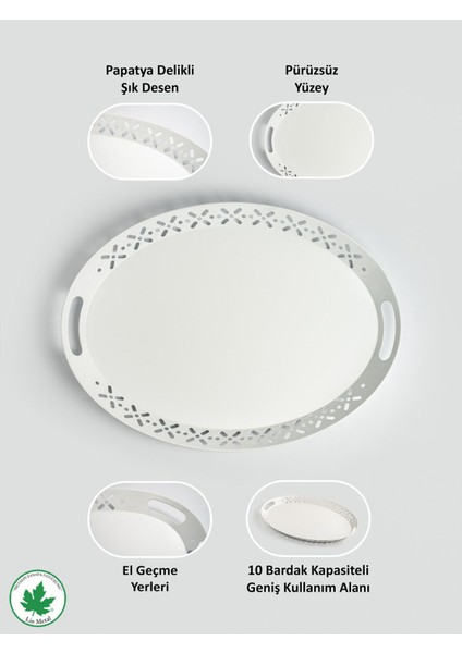 Lalin Tepsi Metal Oval Servis Tepsisi Beyaz, Romantik Tepsi, Büyük Tepsi,çay Kahve Tepsisi
