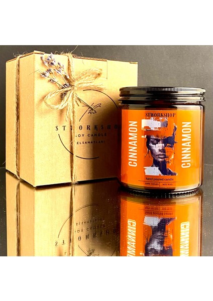 Cinnamon: Tarçın Aromalı Ahşap Fitilli Dekoratif ve Meditatif Mum - 390GR Özel Tasarım Etiket