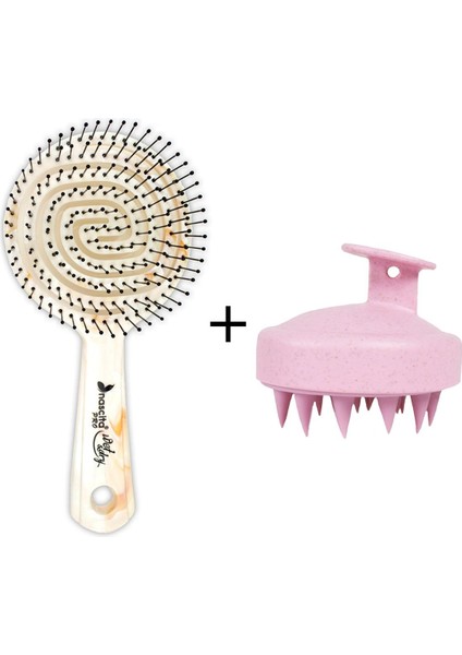 Pro Üç Boyutlu Oval Saç Fırçası - 16 Beyaz Mermer + Nascita Eco Şampuan Fırçası Pembe -28