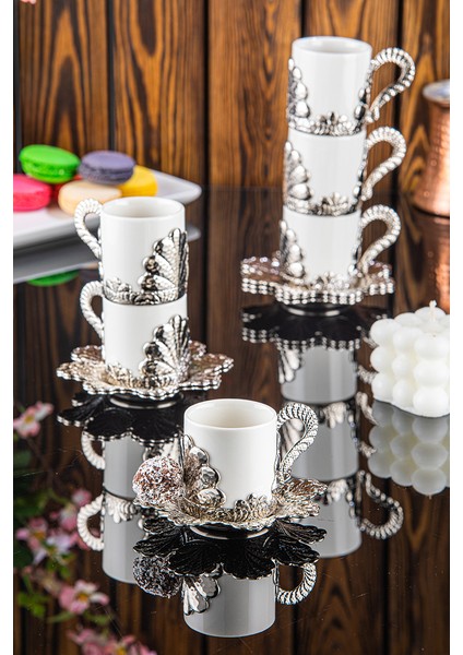 Damla 6 Kişilik 12 Parça Gümüş Renk Türk Kahvesi Fincan Sunum Seti