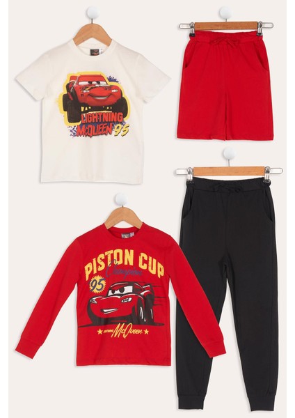 4'lü Mcqueen Baskılı Tshirt Şort Pantolon Kırmızı Takım