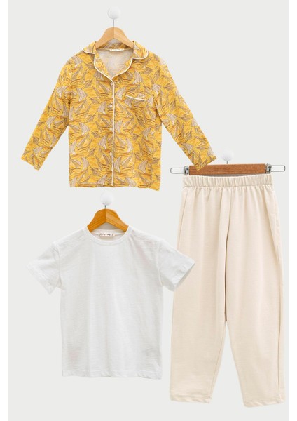 3'lü Ara Biyeli Tshirt Pantolon Taş Pijama Takımı