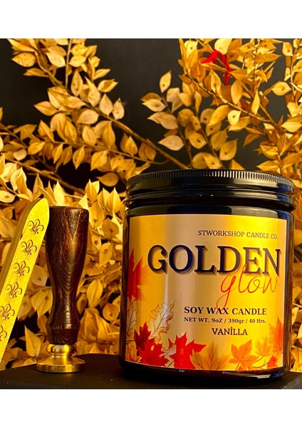 Golden Glow: Dekoratif Vanilya Kokulu Ahşap Fitilli Doğal Soya Wa x Mum Amber Cam Kavanoz