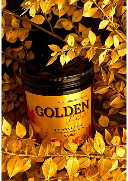 Golden Glow: Dekoratif Vanilya Kokulu Ahşap Fitilli Doğal Soya Wa x Mum Amber Cam Kavanoz modelleri