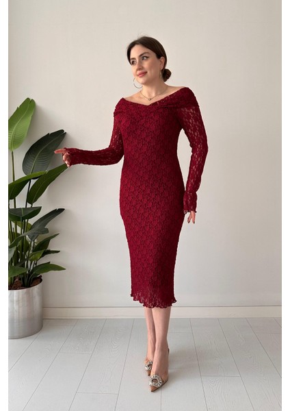 Dantel Elbise Bordo
