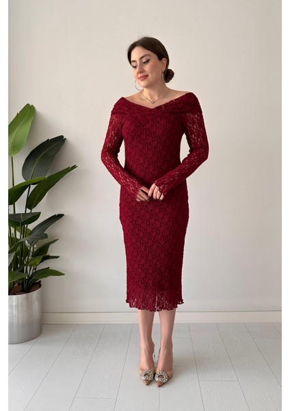 Dantel Elbise Bordo