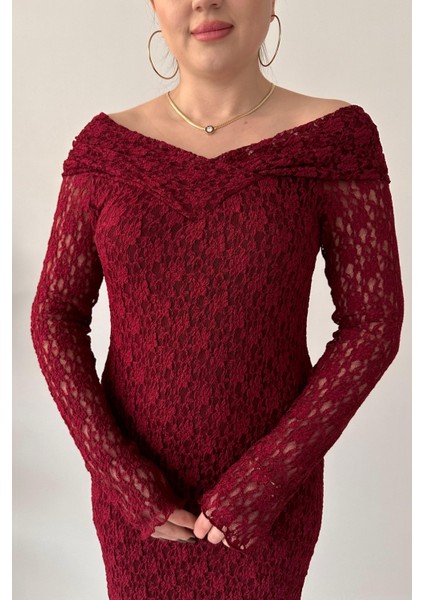 Dantel Elbise Bordo