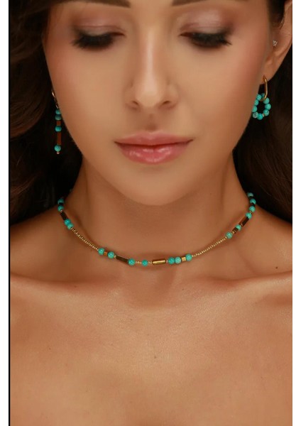 Turkuaz Glow Choker Kolye-Bileklik Set