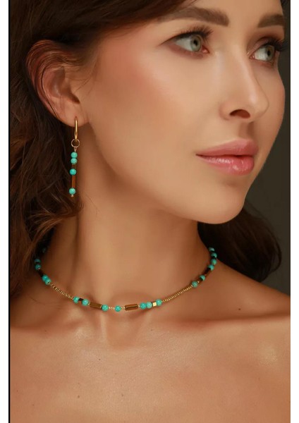 Turkuaz Glow Choker Kolye-Bileklik Set