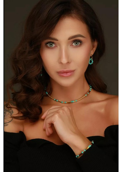 Turkuaz Glow Choker Kolye-Bileklik Set