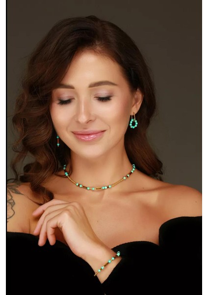 Turkuaz Glow Choker Kolye-Bileklik Set