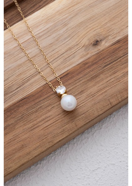 By Florya Jewelry Çelik İncili ve Taşlı Kolye Kararmaz İnci Kolye Zirkon Taşlı