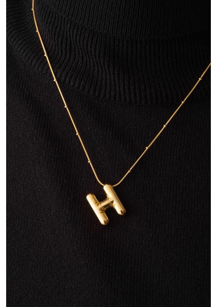 By Florya Jewelry Çelik Harfli "h" Bubble Balon Kolye Balık Sırtı Toplu Zincir H Harfi 45 cm