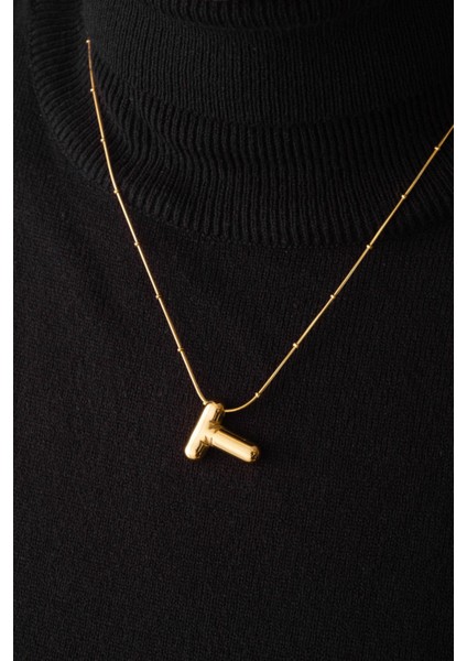 By Florya Jewelry Çelik Harfli "t" Bubble Balon Kolye Balık Sırtı Toplu Zincir T Harfi 45 cm