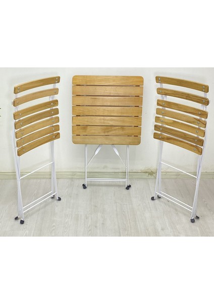 Katlanabilir Kare Masa ve Sandalye Metal Natural Ahşap Dolu Demirden(Bahçe-Otel-Cafe-Balkon)