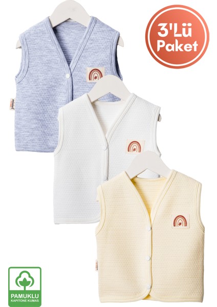 Unisex Bebek Arma Detaylı Organik Pamuklu 3-6-9 Ay 3lü Kapitone Bebek Yelek Set