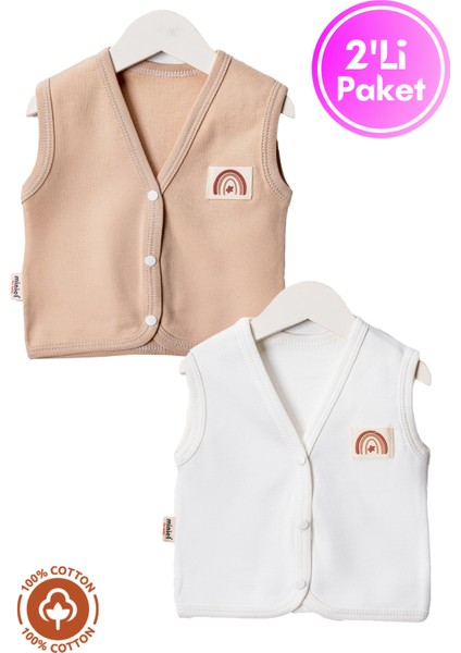 Unisex Bebek Arma Detaylı Organik Pamuklu 3-6-9 Ay 2li Penye Bebek Yelek Set