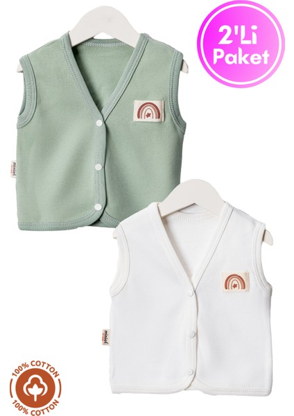 Unisex Bebek Arma Detaylı Organik Pamuklu 3-6-9 Ay 2li Penye Bebek Yelek Set