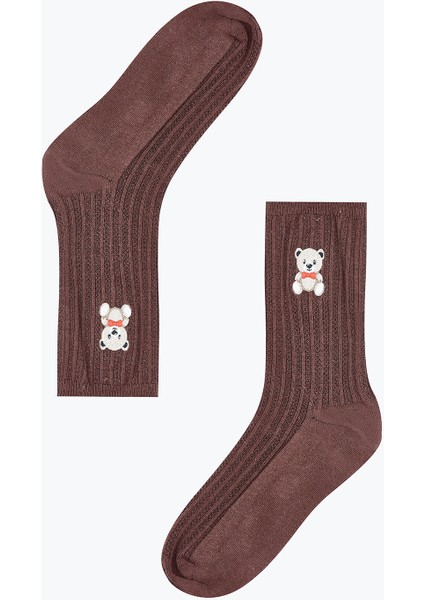Bordo Nakışlı Ayıcık Desenli Uzun Soket Çorap
