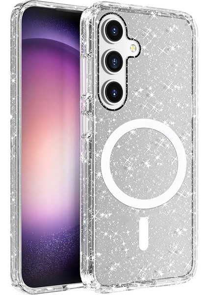 Samsung Galaxy S25 Plus Uyumlu Kılıf Allstar Simli Wireless Şarj Özellikli Şeffaf + Ekran Koruyucu